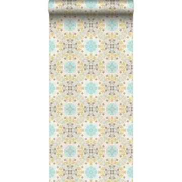 non-woven wallpaper XXL folkloristic embroidery beige and turquoise from ESTAhome