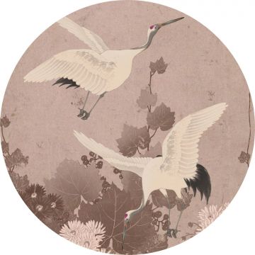 self-adhesive round wall mural crane birds gray pink from ESTA home