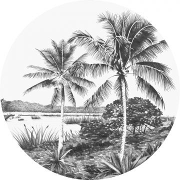 self-adhesive round wall mural tropical landscape with palm trees black and white from ESTA home