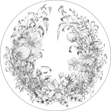 self-adhesive round wall mural flower pen drawing black and white from ESTAhome