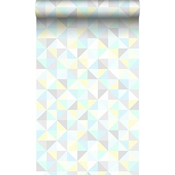wallpaper triangles mint green, pastel yellow, pastel blue, light warm gray and shiny silver grey from Origin Wallcoverings