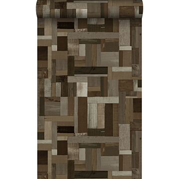 wallpaper scrap wood planks motif dark brown from Origin