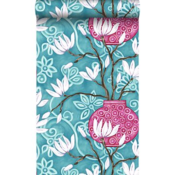 wallpaper magnolia turquoise and pink from Origin Wallcoverings
