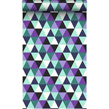 wallpaper graphic triangles purple and light azure blue from Origin Wallcoverings
