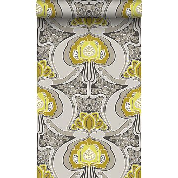 wallpaper Art Nouveau floral pattern mustard and gray from Origin Wallcoverings