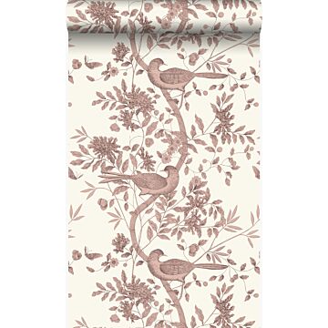 wallpaper bird engraving ivory white and shiny copper brown from Origin Wallcoverings