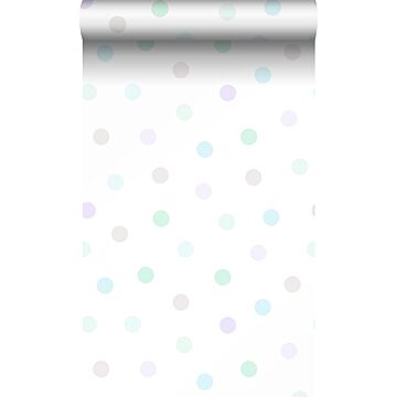 wallpaper polka dots pastel lila, mint green, shiny silver grey and pastel blue from Origin Wallcoverings