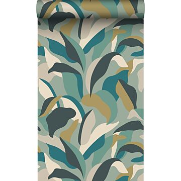 eco texture non-woven wallpaper tropical leaves teal and teal from Origin Wallcoverings