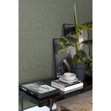 living room wallpaper tile motif with snake skin pattern gray-grained olive green 347787