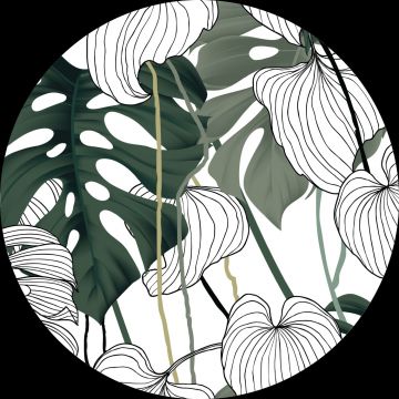self-adhesive round wall mural tropical jungle leaves green, white and black from Sanders & Sanders