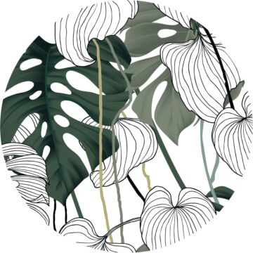 self-adhesive round wall mural tropical jungle leaves green, white and black from Sanders & Sanders