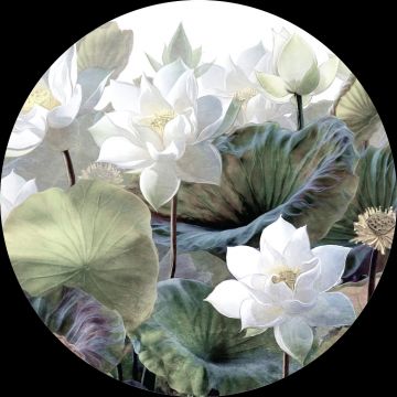 self-adhesive round wall mural tropical leaves and flowers green and white from Sanders & Sanders