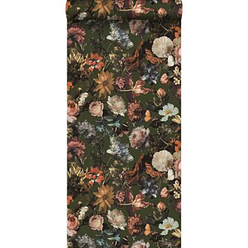 wallpaper floral pattern green, pink and orange from Walls4You