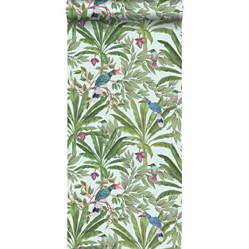 wallpaper tropical jungle leaves and birds of paradise mint green and green from Walls4You