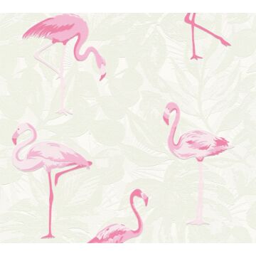 wallpaper tropical leaves with flamingos sand beige and pink from A.S. Création