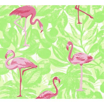 wallpaper tropical leaves with flamingos green and pink from A.S. Création