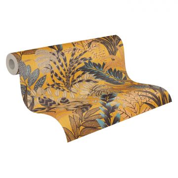 wallpaper tropical leaves mustard, blue and beige from Livingwalls