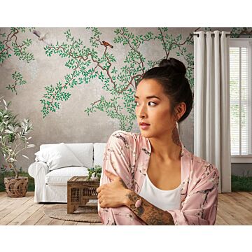 wall mural bird green, brown, beige, gray and white from One Wall one Role