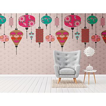 wall mural oriental motif pink, turquoise, gray, white and brown from One Wall one Role