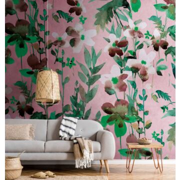 wall mural floral pattern green, pink, white and brown from One Wall one Role