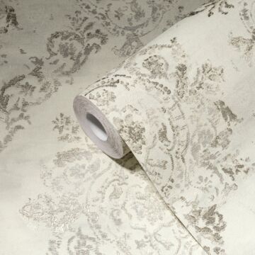 wallpaper baroque print white, cream beige and silver from Livingwalls