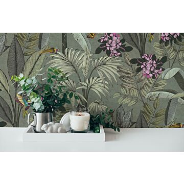 wallpaper wooded landscape green, pink and yellow from Livingwalls