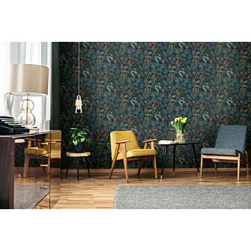 wallpaper wooded landscape blue, green, yellow and pink from Livingwalls