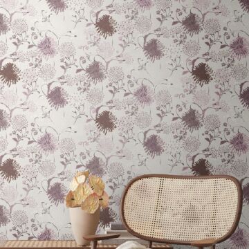 wallpaper floral pattern white, lilac purple, pink and cream beige from Livingwalls
