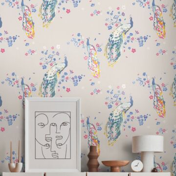 wallpaper bird gray, blue, red, white and green from Livingwalls