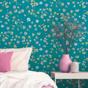 wallpaper floral pattern turquoise, yellow, pink, green and white from Livingwalls