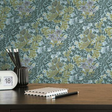 wallpaper floral pattern green, blue and black from Livingwalls