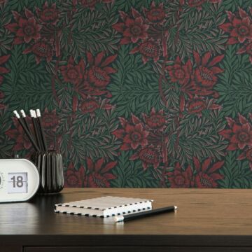 wallpaper floral pattern green, red and black from Livingwalls