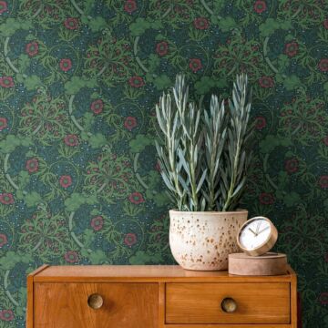 wallpaper floral pattern green, black and red from Livingwalls