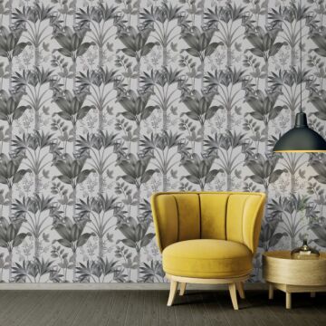 wallpaper floral pattern gray, black, white and beige from Livingwalls