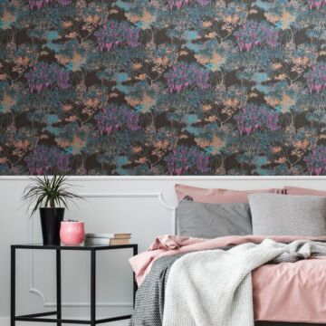 wallpaper floral pattern multi color, black, blue, orange and beige from Livingwalls