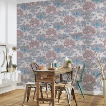 wallpaper floral pattern multi color, white, gray, blue and pink from Livingwalls