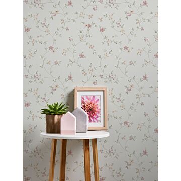 wallpaper floral pattern cream beige, green, pink and orange from Livingwalls